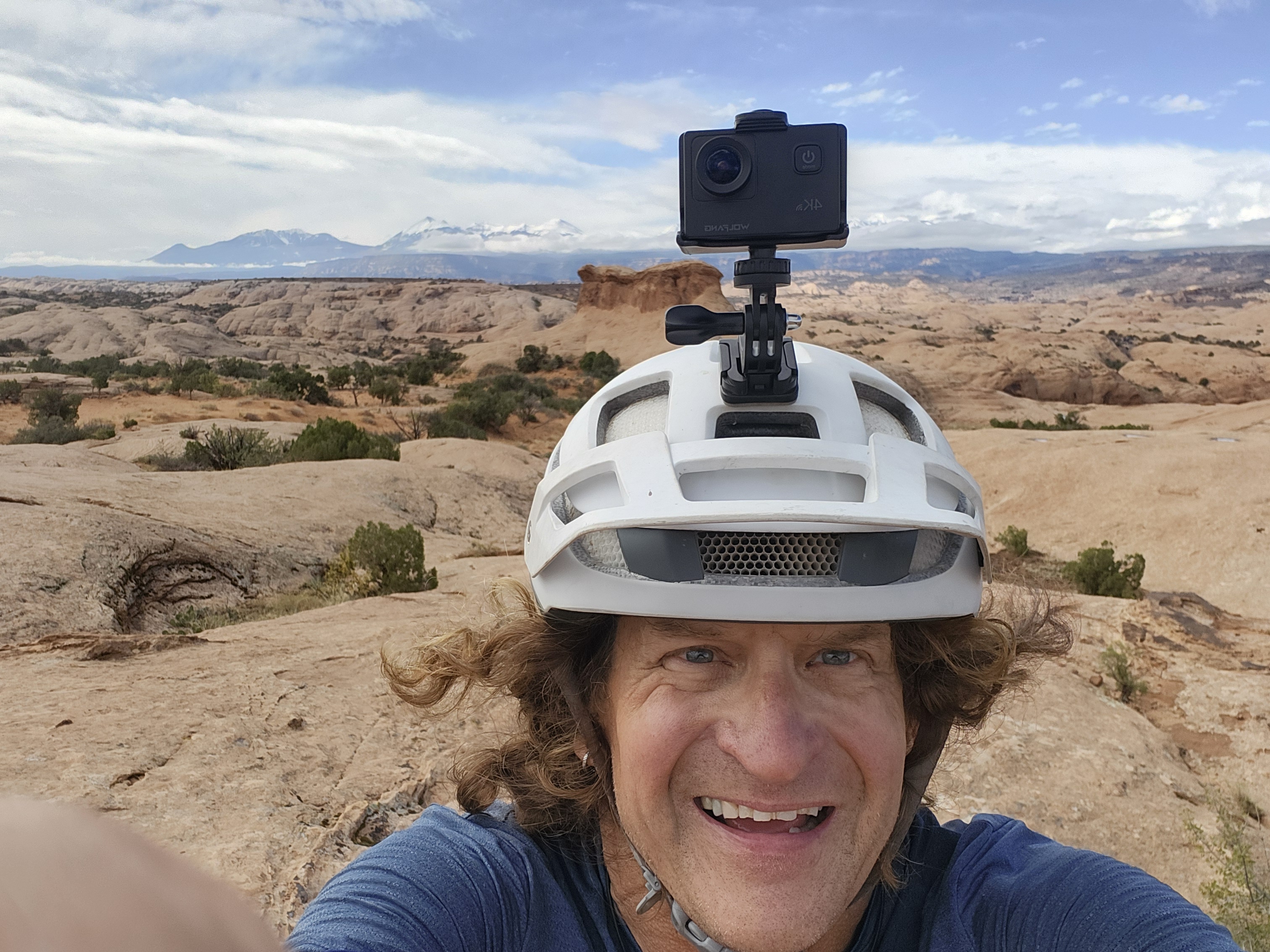 Helmet-cam selfie on a desert bike trail